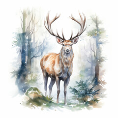 Watercolor Forest Deer, a majestic stag with ornate antlers decorated with twinkling fairy lights. Ai generated images
