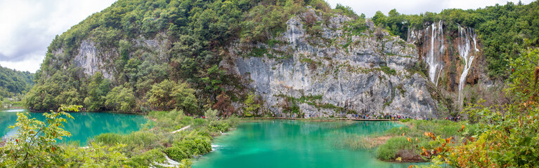 landscape with cascades in the Plitvice Lakes National Park (Nacionalni park Plitvička jezera) in the state of Gospić in Croatia
