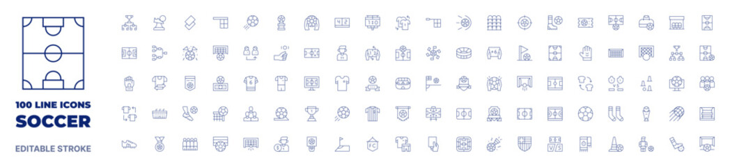 100 icons Soccer collection. Thin line icon. Editable stroke. Soccer icons for web and mobile app.