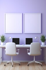 Empty lavender bright private office room with a pair of monitors on the desk with a blank white poster