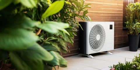 Fotobehang air source heat pump, AC unit installed outdoors at home © ronstik