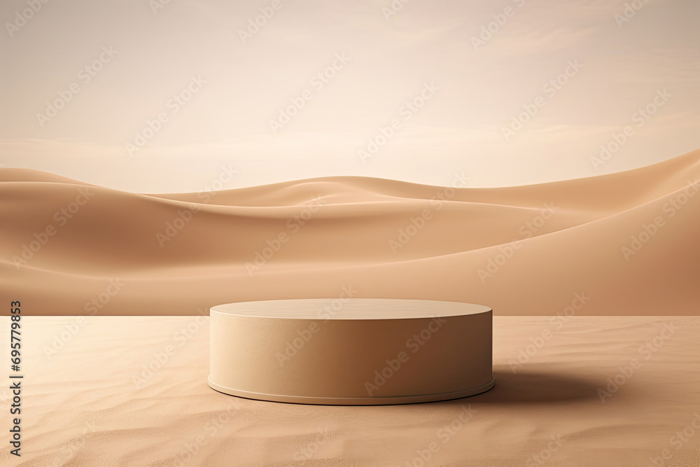 Poster a minimalist cylindrical podium against an empty room with a soft sand color, ideal for displaying o