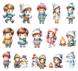 Watercolor Cute Kids in Winter Season Set. Set of Winter Kids Clipart. Winter Season Concept. Watercolor Cozy Kids in Winter Season Illustrations.