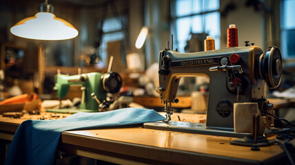Fototapeta na wymiar Sewing machine and equipment on table in dressmaking workshop, AI Generative.
