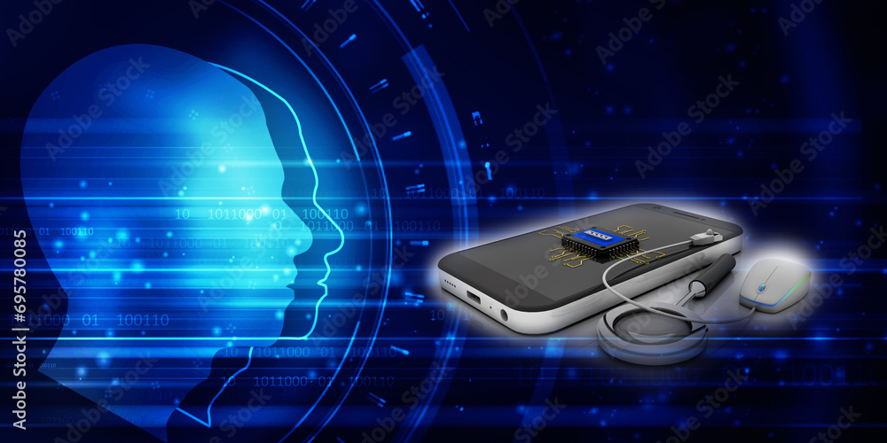 Poster 3d rendering microchips with mobile phone connected mouse near lens