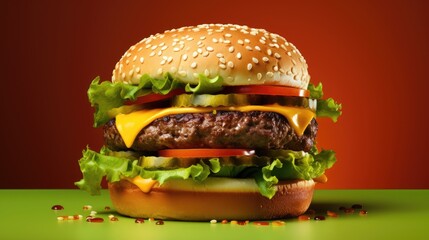 Cheese Burger, center, studio photos, red background