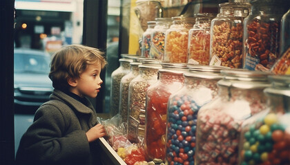 Vintage photo from the 60s,70s with a child in a candy shop. Boy In Candy Store Retro. Candies and sweets inside a store - obrazy, fototapety, plakaty