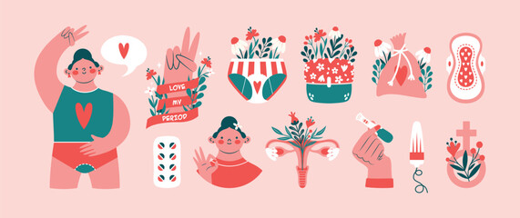 Big set of vector illustrations to women's period. Cute stickers with woman, hand showing victory gest, panties with flowers, female pad, tampon, feminine hygiene products, female sign. Flat design. - obrazy, fototapety, plakaty