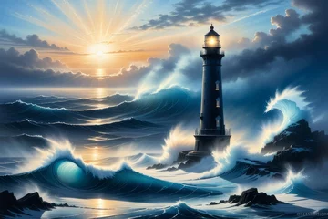 Foto op Canvas lighthouse in the sea created with generative AI software. © Tatiana