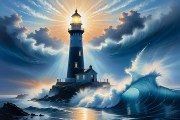 Foto op Plexiglas lighthouse in the sea created with generative AI software. © Tatiana