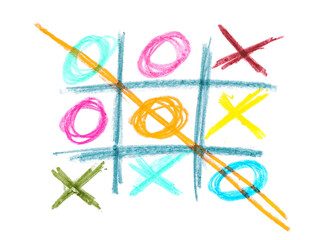 Photo grunge hand draw, scribble hatching, colorful  tic tac toe XO game, wax pastel, crayon isolated on white, clipping path