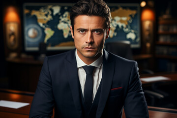 newsreader in a global context, with a world map in the background, conveying the interconnected nature of news in a cinematic photo