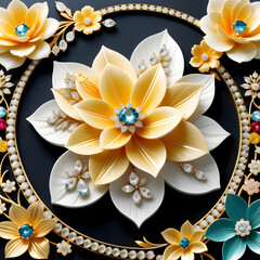 Captivating flower illustration with crystals, jewelry, and gold, embodying elegance and charm. Harmonizing beauty and radiance in a graphic masterpiece.(Generative AI) 