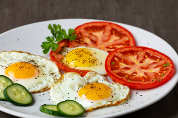 healthy breakfast. On a large white plate there are fried chicken eggs with red slices of tomato and slices of green cucumber with decoration in the form of a bunch of parsley