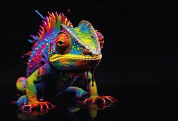 Chameleon rainbow fluid oil paint on black background. Studio shot