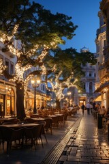 City's central square surrounded by cafes and bars with patrons enjoying the evening, Generative AI