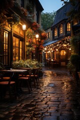 Fototapeta na wymiar Cozy alleyway lined with pubs and eateries, creating an inviting ambiance in the evening, Generative AI