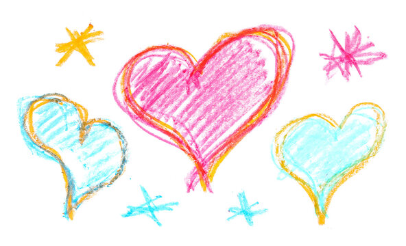 Photo grunge hand draw, scribble colorful hatching in shape hearts wax pastel, crayon isolated on white, clipping path