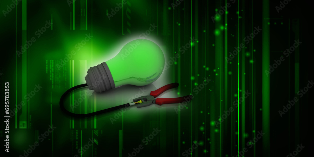 Poster 3d rendering fluorescent cfl lamp with optical cable connecting cutting player