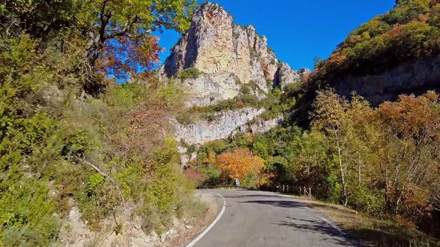 Driving through Foz de Arbayun canyon of Salazar River in the Pyrenees in Navarre Autonomous Community of Spain, Europe