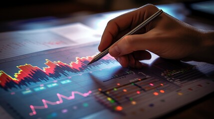A close-up of a marketer's hand holding a pen, pointing to a comprehensive graph displaying SEO concepts, optimization tools, and the direct correlation with enhanced search engine rankings