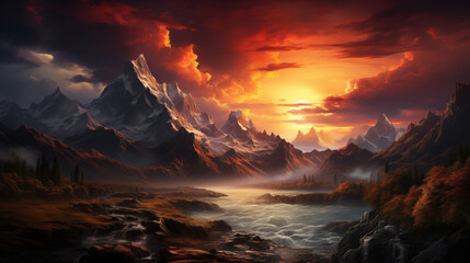 Fototapeta premium Sunset at the mountain, magical landscape