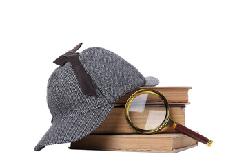 PNG,Magnifying glass with fingerprints, books and hat, isolated on white background