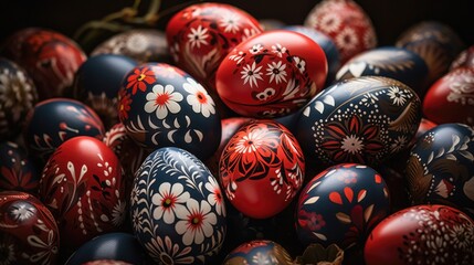 Fototapeta na wymiar Lots of vibrant Easter eggs with floral pattern. Festive background.