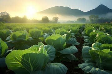 Generative AI Image of Cabbage Vegetables in Field with Mountain View in the Morning - obrazy, fototapety, plakaty