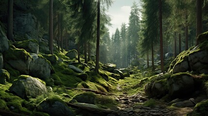 wilderness landscape forest with pine trees and moss