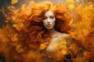 Attractive redhead woman model symbolizing autumn season with bright colours