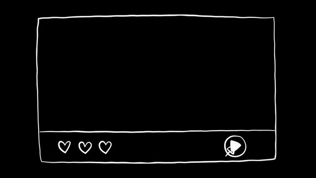Animated white frame with cursor clicking the play button, cute viewfinder on black background