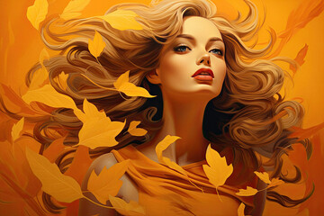 Fototapeta na wymiar Attractive redhead woman model symbolizing autumn season with bright colours