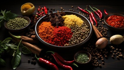 spices and ingredients inside a bowl on black background, in the style of wood, innovative page design, collage elements, aerial view, lively tableaus, 3840x2160, red and black