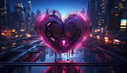 Cyberpunk high-tech neon glowing heart cyber love concept - obrazy, fototapety, plakaty