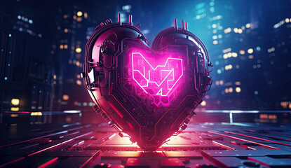 Cyberpunk high-tech neon glowing heart cyber love concept