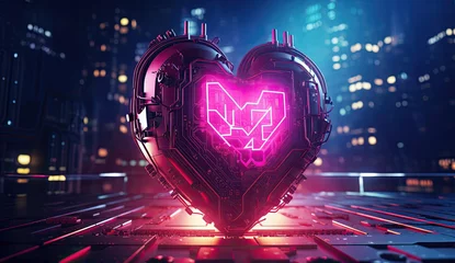 Poster Cyberpunk high-tech neon glowing heart cyber love concept © Stefan
