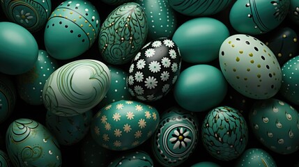 Lots of green painted Easter eggs with floral pattern. Festive background.