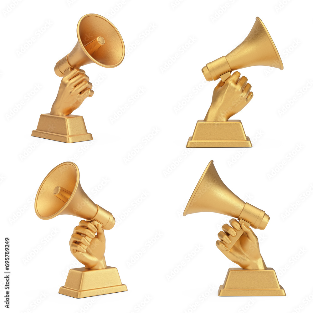 Aufkleber Golden Business Award Trophy in Shape of Hand with Megaphone in Different Position. 3d Rendering