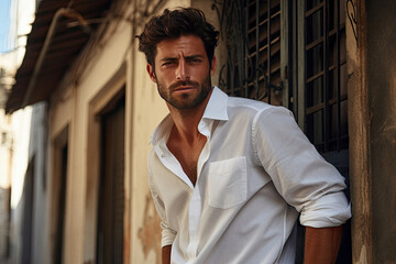 Elegant attractive man model with white shirt posing for camera