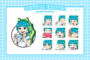 Cute gamer girl streaming logo with icons and sticker expressions set