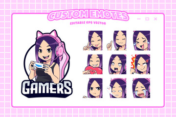 Beauty streamer girl gaming logo badge and sticker emotion set - obrazy, fototapety, plakaty