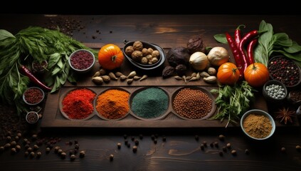 a wooden board and spices on a black wooden counter, in the style of colorful collage, terracotta, arnoldo pomodoro, aerial view, dark cyan and red, martin rak, texture-rich