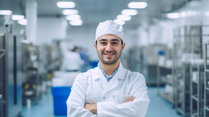Portrait of caucasian male technologist at a food factory and doing quality control.
