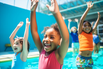 Diverse young children enjoying swimming lessons in pool, learning water safety skills, showing joy and camaraderie, representing a healthy lifestyle.