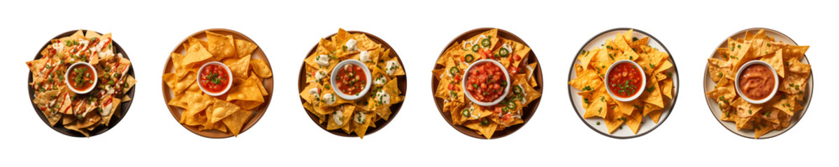 collection set a plate of nachos with dipping sauce isolated on a transparent background, top view - obrazy, fototapety, plakaty