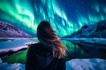 Woman tourist looks aurora northern lights night  - obrazy, fototapety, plakaty