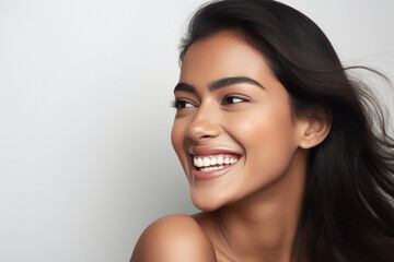 Young and beautiful indian woman smiling on white background.