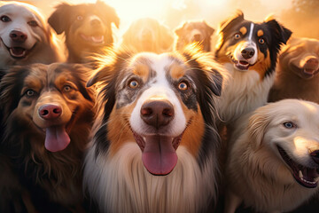 Happy group of dogs looking at camera and smiling