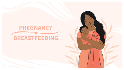Woman and baby. Banner about breastfeeding and motherhood. Vector illustration.